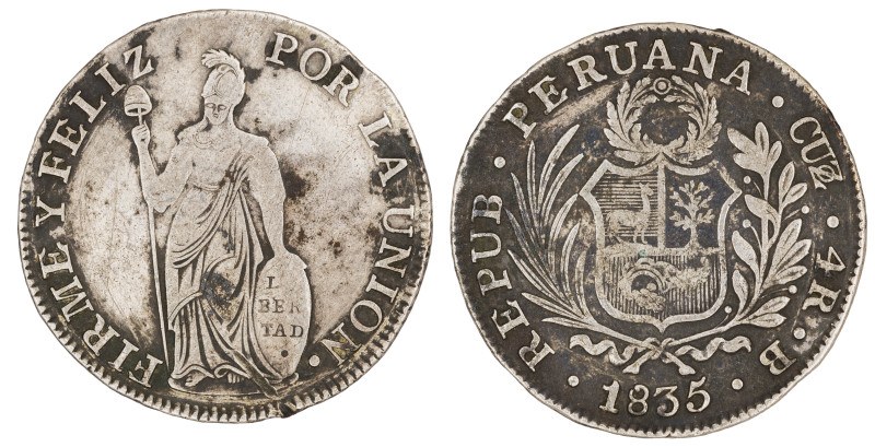 Moneda Republicana. Perú. 4 Reales. 1835. B. CUZCO. Anv: REPUB · PERUANA · CUZ ·...