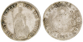 Moneda Republicana. Perú. 4 Reales. 1836. B. CUZCO. Anv: REPUB · PERUANA · CUZ · 4R · B · 1836. Escudo de Perú. // Rev: FIRME Y FELIZ POR LA UNIÓN. Li...