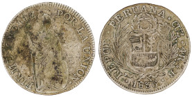 Moneda Republicana. Perú. 4 Reales. 1836. B. CUZCO. Anv: REPUB · PERUANA · CUZ · 4R · B · 1836. Escudo de Perú. // Rev: FIRME Y FELIZ POR LA UNIÓN. Li...