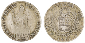 Moneda Republicana. Perú. 4 Reales. 1836. B. CUZCO. Anv: REPUB · PERUANA · CUZ · 4R · B · 1836. Escudo de Perú. // Rev: FIRME Y FELIZ POR LA UNIÓN. Li...
