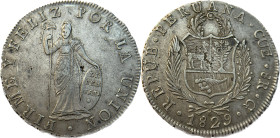 Moneda Republicana. Perú. 8 Reales. 1829. G. - Gregorio Carril. CUZCO. Anv: REPUB · PERUANA · CUZ · 8R · G · 1829. Escudo de Perú. /// Rev: FIRME Y FE...