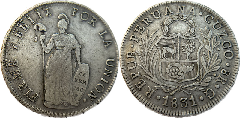 Moneda Republicana. Perú. 8 Reales. 1831. G. - Gregorio Carril. CUZCO. Anv: REPU...