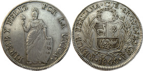 Moneda Republicana. Perú. 8 Reales. 1840. A – Andrés Pinto. CUZCO. Anv: REPUB · PERUANA · Monograma CUZ · 8R · 10 Ds. 20 Gs. · A · 1840. Escudo de Per...