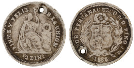 Moneda Republicana. Perú. ½ Dinero. 1885. J.M. - José Rodríguez Carassa y Manuel Iglesias Abarca. CUZCO. Anv: REPUB · PERUANA · CUZCO · 9 D FINO J · M...