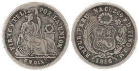Moneda Republicana. Perú. 1 Dinero. 1886. J.M. - José Rodríguez Carassa y Manuel Iglesias Abarca. CUZCO. Anv: REPUB · PERUANA · CUZCO · 9 D FINO J · M...