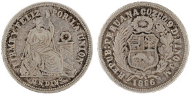 Moneda Republicana. Perú. 1 Dinero. 1886. J.M. - José Rodríguez Carassa y Manuel Iglesias Abarca. CUZCO. Anv: REPUB · PERUANA · CUZCO · 9 D FINO J · M...