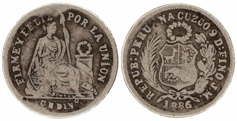 Moneda Republicana. Perú. 1 Dinero. 1886. J.M. - José Rodríguez Carassa y Manuel...