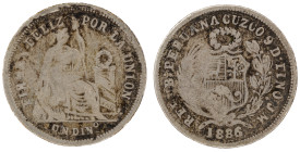 Moneda Republicana. Perú. 1 Dinero. 1886. J.M. - José Rodríguez Carassa y Manuel Iglesias Abarca. CUZCO. Anv: REPUB · PERUANA · CUZCO · 9 D FINO J · M...