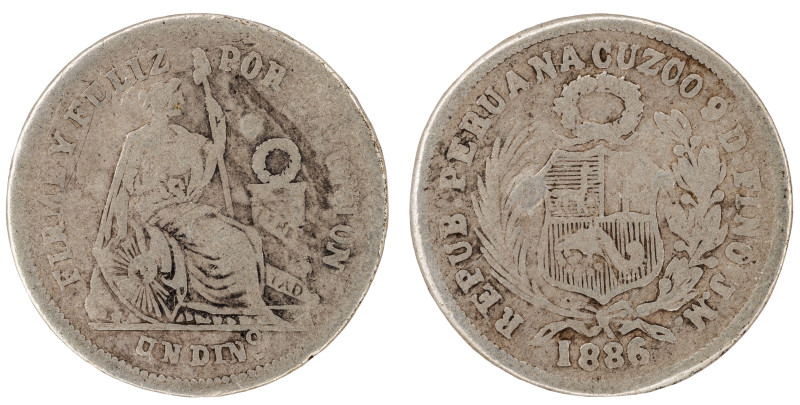 Moneda Republicana. Perú. 1 Dinero. 1886. J.M. - José Rodríguez Carassa y Manuel...