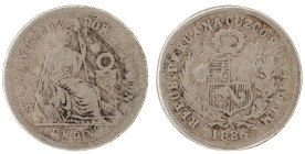 Moneda Republicana. Perú. 1 Dinero. 1886. J.M. - José Rodríguez Carassa y Manuel Iglesias Abarca. CUZCO. Anv: REPUB · PERUANA · CUZCO · 9 D FINO J · M...