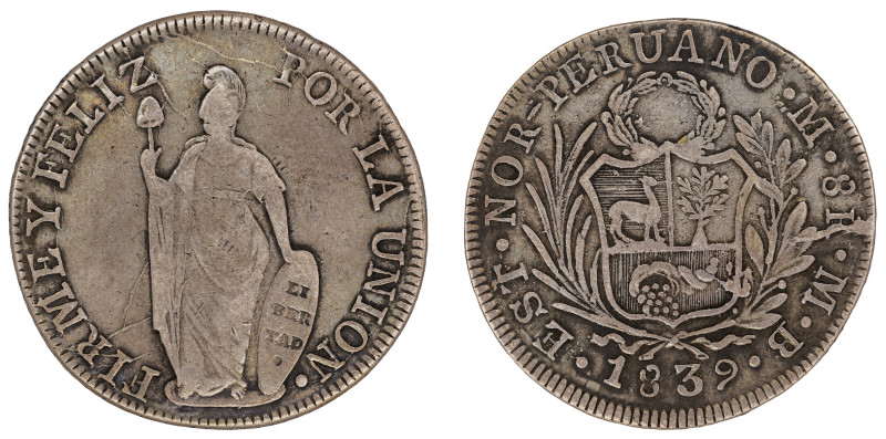 Moneda Republicana. Perú. 8 Reales . 1839. M.B. Est · Nor-Peruano . Anv: EST · N...