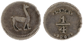 Moneda Republicana. Perú. ¼ Real. 1848. LIMA. Anv: LIMA ¼ 1848. // Rev: Llama. Ag. 0,83 gr. KM# 143.1. MBC. Salida: 25