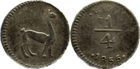 Moneda Republicana. Perú. ¼ Real. 1855. LIMA. Anv: LIMA ¼ 1855. // Rev: Llama. Ag. 0,77 gr. KM# 143.1. MBC. Salida: 25
