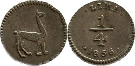 Moneda Republicana. Perú. ¼ Real. 1856. LIMA. Anv: LIMA ¼ 184/56. // Rev: Llama. Ag. 0,72 gr. KM# 143.1. SC-. Salida: 50