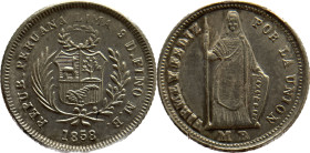 Moneda Republicana. Perú. ½ Real. 1858. M.B. LIMA. Anv: REPUB. PERUANA . LIMA- 9 D FINO M.B. 1858. Escudo de Perú. // Rev: FIRME Y FELIZ POR LA UNIÓN....