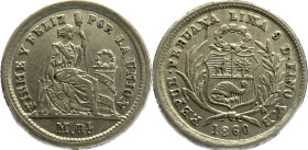 Moneda Republicana. Perú. ½ Real. 1860. Y.B. LIMA. Anv: REPUB. PERUANA . LIMA- 9 D FINO Y.B. 1860. Escudo de Perú. // Rev: FIRME Y FELIZ POR LA UNIÓN....