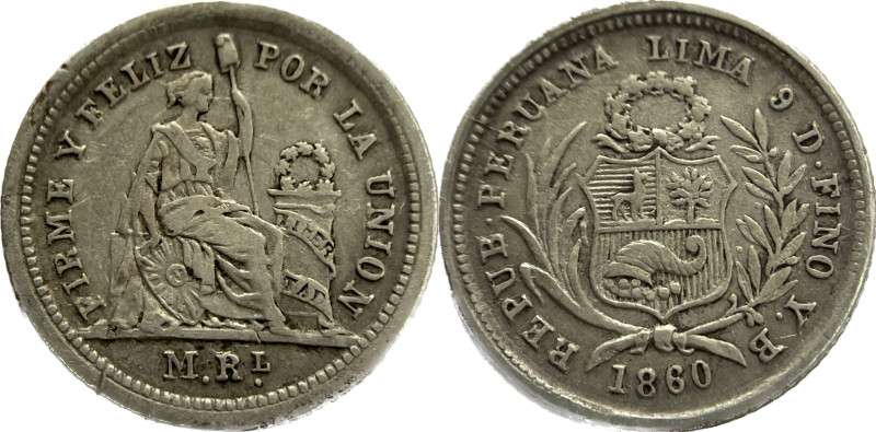Moneda Republicana. Perú. ½ Real. 1860. Y.B. LIMA. Anv: REPUB. PERUANA . LIMA- 9...