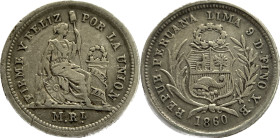 Moneda Republicana. Perú. ½ Real. 1860. Y.B. LIMA. Anv: REPUB. PERUANA . LIMA- 9 D FINO Y.B. 1860. Escudo de Perú. // Rev: FIRME Y FELIZ POR LA UNIÓN....