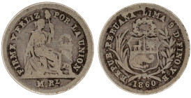 Moneda Republicana. Perú. ½ Real. 1860. Y.B. LIMA. Anv: REPUB. PERUANA . LIMA- 9 D FINO Y.B. 1860. Escudo de Perú. // Rev: FIRME Y FELIZ POR LA UNIÓN....