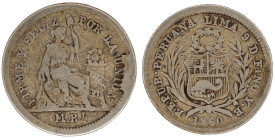 Moneda Republicana. Perú. ½ Real. 1860. Y.B. LIMA. Anv: REPUB. PERUANA . LIMA- 9 D FINO Y.B. 1860. Escudo de Perú. // Rev: FIRME Y FELIZ POR LA UNIÓN....