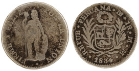 Moneda Republicana. Perú. 1 Real. 1834. M.M LIMA. Anv: REPUB · PERUANA · LIMA · 1R · M · M · 1834. Escudo de Perú. // Rev: FIRME Y FELIZ POR LA UNIÓN....