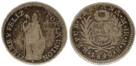 Moneda Republicana. Perú. 1 Real. 1840. M.B. LIMA. Anv: REPUB · PERUANA · LIMA · 1R · M · B · 1840. Escudo de Perú. // Rev: FIRME Y FELIZ POR LA UNIÓN...