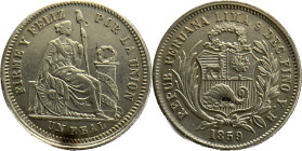 Moneda Republicana. Perú. 1 Real. 1859. Y.B. LIMA. Anv: REPUB. PERUANA . LIMA- 9 DECIMOS FINO Y.B. 1859. Escudo de Perú. // Rev: FIRME Y FELIZ POR LA ...