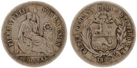 Moneda Republicana. Perú. 1 Real. 1860. Y.B. LIMA. Anv: REPUB. PERUANA . LIMA- 9 DECIMOS FINO Y.B. 1860. Escudo de Perú. // Rev: FIRME Y FELIZ POR LA ...