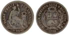 Moneda Republicana. Perú. 1 Real. 1860. Y.B. LIMA. Anv: REPUB. PERUANA . LIMA- 9 DECIMOS FINO Y.B. 1860. Escudo de Perú. // Rev: FIRME Y FELIZ POR LA ...