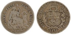 Moneda Republicana. Perú. 1 Real. 1861. Y.B. LIMA. Anv: REPUB. PERUANA . LIMA- 9 DECIMOS FINO Y.B. 1861. Escudo de Perú. // Rev: FIRME Y FELIZ POR LA ...