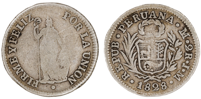 Moneda Republicana. Perú. 2 Reales. 1828. J.M. LIMA. Anv: REPUB · PERUANA · LIMA...