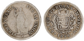 Moneda Republicana. Perú. 2 Reales. 1828. J.M. LIMA. Anv: REPUB · PERUANA · LIMA · 2R · J · M · 1828. Escudo de Perú. // Rev: FIRME Y FELIZ POR LA UNI...