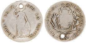 Moneda Republicana. Perú. 2 Reales. 1854. M.B. LIMA. Anv: REP · PERUANA · Monograma LIMA · 2R · 10 Ds. 20 Gs. · M · B · 1854. Escudo de Perú. // Rev: ...