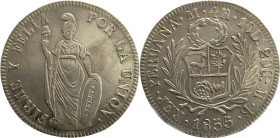Moneda Republicana. Perú. 4 Reales. 1855. M.B. LIMA. Anv: REP · PERUANA · Monograma LIMA · 4R · 10 Ds. 20 Gs. · M · B · 1855. Escudo de Perú. // Rev: ...