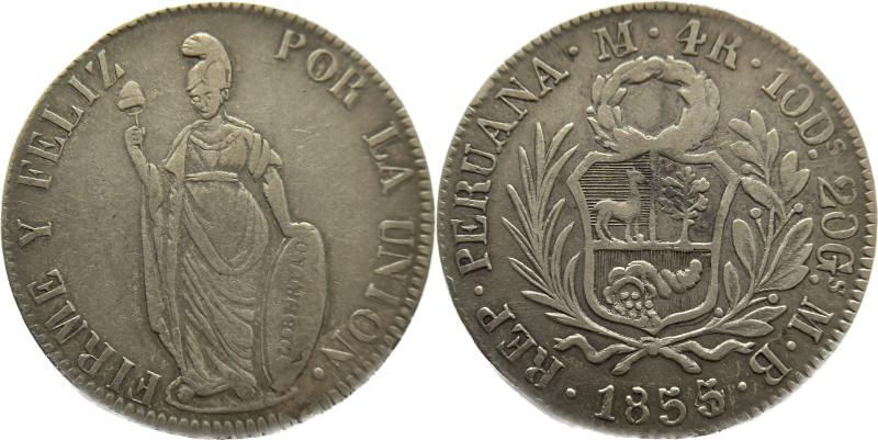 Moneda Republicana. Perú. 4 Reales. 1855. M.B. LIMA. Anv: REP · PERUANA · Monogr...