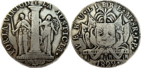 Moneda Republicana. Perú. 8 Reales. 1822. J.P. LIMA. Anv: Perú · LIBRE · Monograma LIMA · 8R · J · P · 1822 // Rev: POR LA VIRTUD Y LA JUSTICIA. Ag. 2...