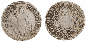 Moneda Republicana. Perú. 8 Reales. 1833. M.M. LIMA. Anv: REPUB · PERUANA · Monograma LIMA · 8R · M · M · 1833. Escudo de Perú. // Rev: FIRME Y FELIZ ...