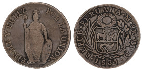 Moneda Republicana. Perú. 8 Reales. 1834. M.M. LIMA. Anv: REPUB · PERUANA · Monograma LIMA · 8R · M · M · 1834. Escudo de Perú. // Rev: FIRME Y FELIZ ...