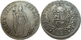 Moneda Republicana. Perú. 8 Reales. 1835. M.T. LIMA. Anv: REPUB · PERUANA · Monograma LIMA · 8R · M · T · 1835. Escudo de Perú. // Rev: FIRME Y FELIZ ...