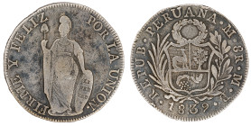 Moneda Republicana. Perú. 8 Reales. 1839. M.B. LIMA. Anv: REPUB · PERUANA · Monograma LIMA · 8R · M · B · 1839. Escudo de Perú. // Rev: FIRME Y FELIZ ...