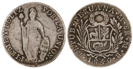 Moneda Republicana. Perú. 8 Reales. 1840. M.B. LIMA. Anv: REPUB · PERUANA · Monograma LIMA · 8R · M · B · 1840. Escudo de Perú. // Rev: FIRME Y FELIZ ...