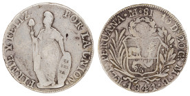 Moneda Republicana. Perú. 8 Reales. 1841. M.B. LIMA. Anv: REP · PERUANA · Monograma LIMA · 8R · 10 Ds. 20 Gs. · M · B · 1841. Escudo de Perú. // Rev: ...