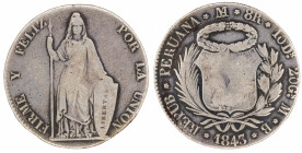 Moneda Republicana. Perú. 8 Reales. 1843. M.B. LIMA. Anv: REPUB · PERUANA · Monograma LIMA · 8R · 10 Ds. 20 Gs. · M · B · 1843. Escudo de Perú. // Rev...