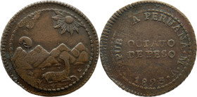 Moneda Republicana. Perú. ⅛ de Peso. 1823. V. - Vidaurre. LIMA. Anv: REPUBLICA PERUANA · Monograma LIMA · V · 1823. En el centro OCTAVO DE PESO. // Re...