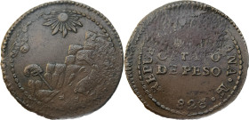 Moneda Republicana. Perú. ⅛ de Peso. -823. LIMA. Anv: REPUBLICA PERUANA · Monograma LIMA · -823. En el centro OCTAVO DE PESO. // Rev: Paisaje montaños...