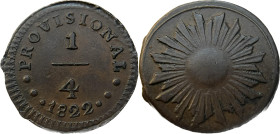 Moneda Republicana. Perú. ¼ De Real. 1822. LIMA. Anv: PROVISIONAL ¼ 1822. // Rev: Sol radiante. Cu. 1,44 gr. KM# 135. SC. Salida: 35