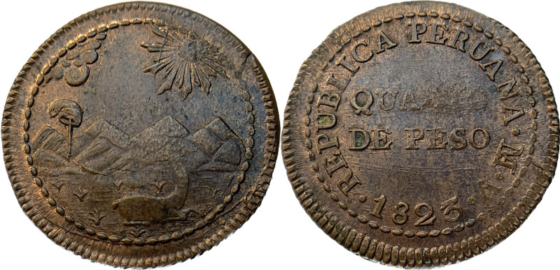 Moneda Republicana. Perú. ¼ de Peso. 1823. V - Vidaurre. LIMA. Anv: REPUBLICA PE...