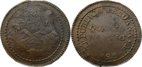 Moneda Republicana. Perú. ¼ de Peso. 1823. LIMA. Anv: REPUBLICA PERUANA · Monograma LIMA ·1823. En el centro QUARTO DE PESO. // Rev: Paisaje montañoso...