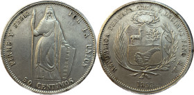 Moneda Republicana. Perú. 50 Céntimos. 1858. M.B. LIMA. Anv: REPUBLICA PERUANA . LIMA- 9 DECIMOS FINO M.B. 1858. Escudo de Perú. // Rev: FIRME Y FELIZ...