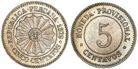 Moneda Republicana. Perú. 5 Centavos. 1879. Anv: REPUBLICA PERUANA- 1879. CINCO CENTAVOS, Sol en el centro. // Rev: MONEDA PROVISIONAL. 5 CENTAVOS. Co...